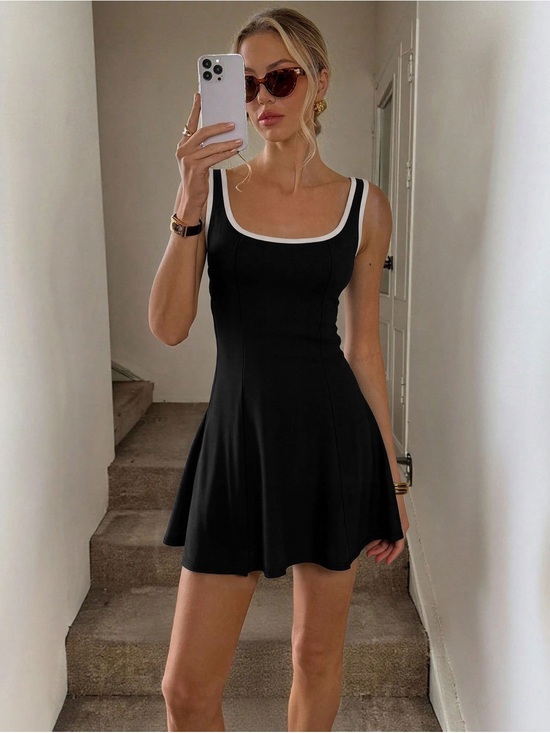 None Dresses & Skirts - Sleeveless Black Midi Dress with White Trim
